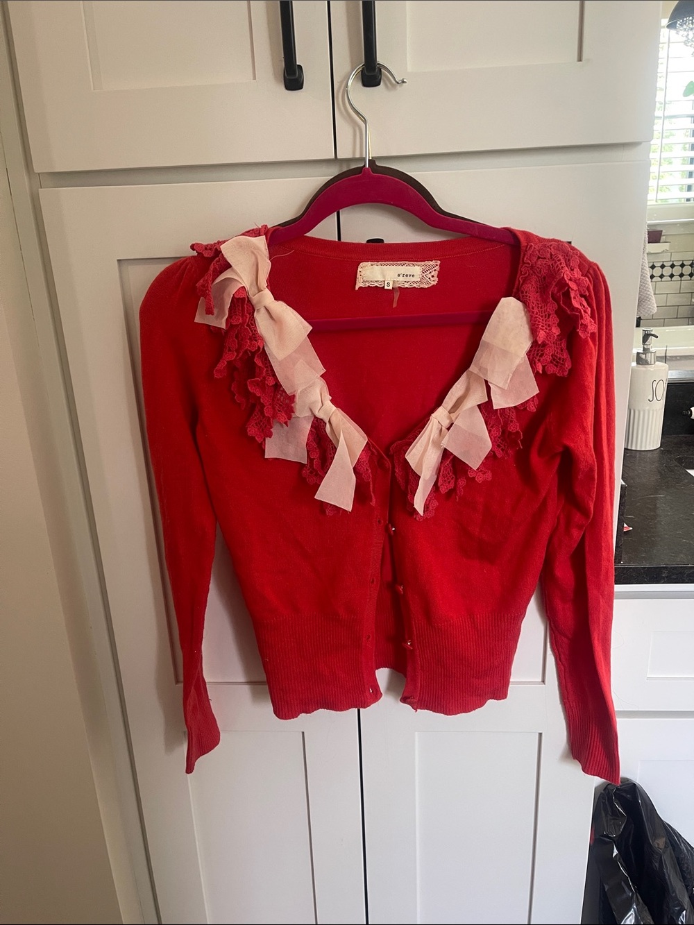 Areve Red Cardigan Sweater with Pink Bow Trim